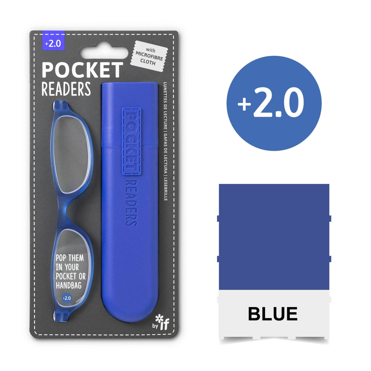 Mellow Monkey blue pocket reading glasses with a matching protective case and microfibre cloth in retail packaging.
