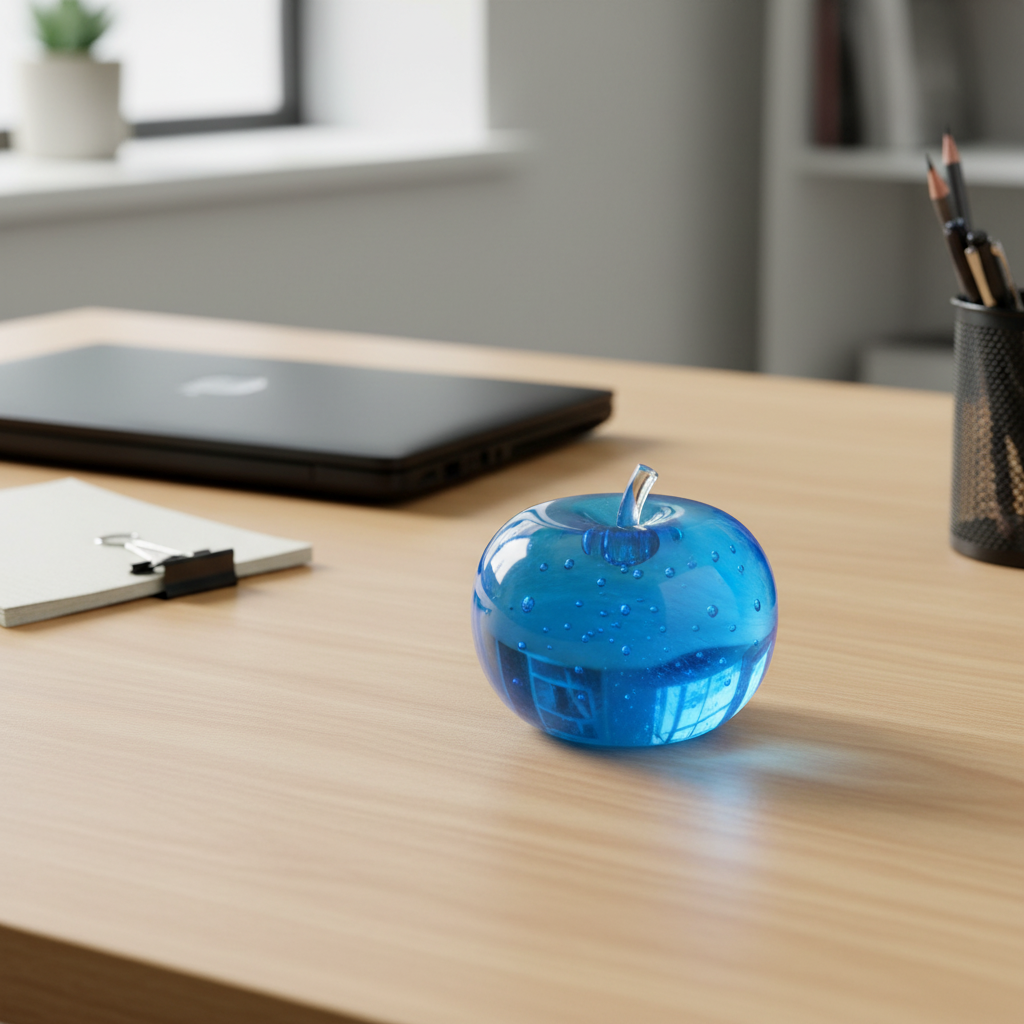 Mellow Monkey blue raspberry SlowFlow squishy apple fidget toy on a wooden desk with office supplies.
