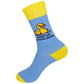 Mellow Monkey sky blue novelty socks featuring a yellow rubber duck and the text What The Actual Duck