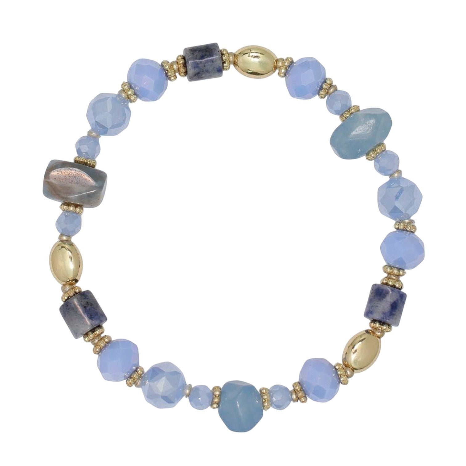 Mellow Monkey coastal bracelet featuring multi-blue sodalite beads, faceted glass, and gold-tone accents.