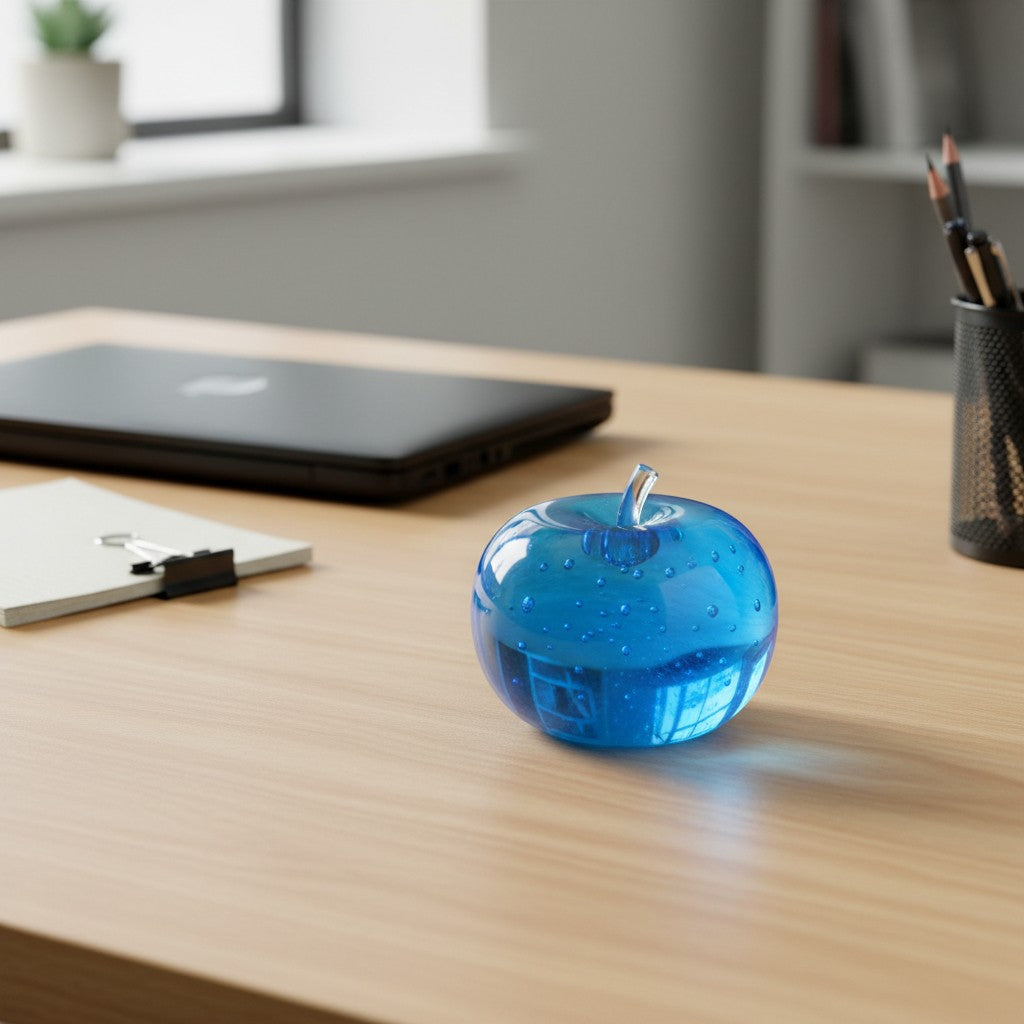 Mellow Monkey blue raspberry SlowFlow squishy apple fidget toy on a wooden office desk.