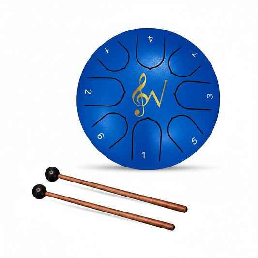Mellow Monkey 6-inch blue steel tongue drum with 8 notes, mallets, and music book. Ideal for meditation and sound healing.
