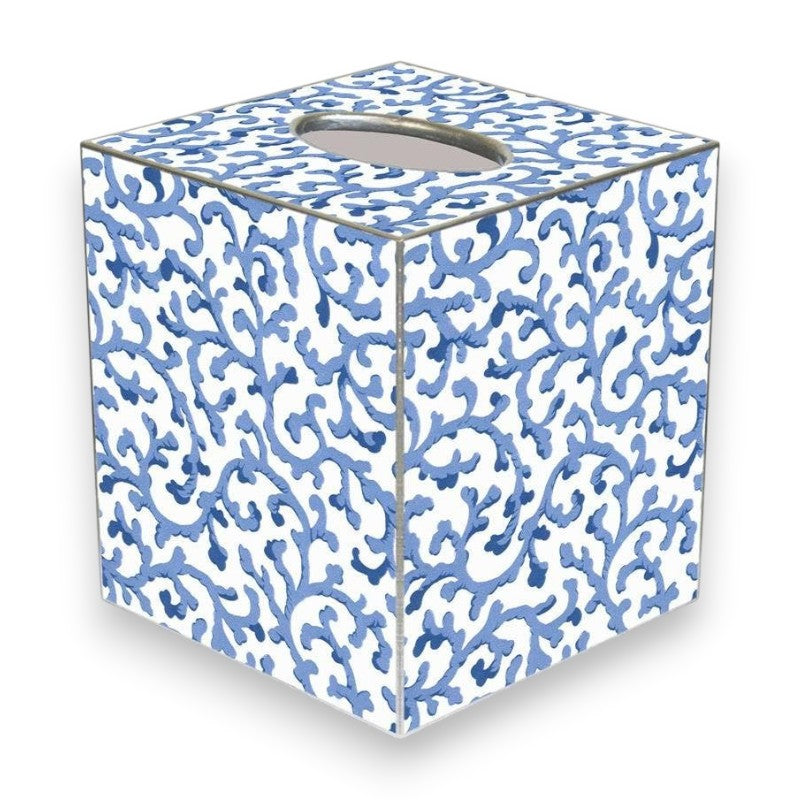 Mellow Monkey blue and white Waverly scroll papier mache tissue box cover with hand-painted metallic edges.