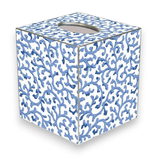 Mellow Monkey blue and white Waverly scroll papier mache tissue box cover with hand-painted metallic edges.