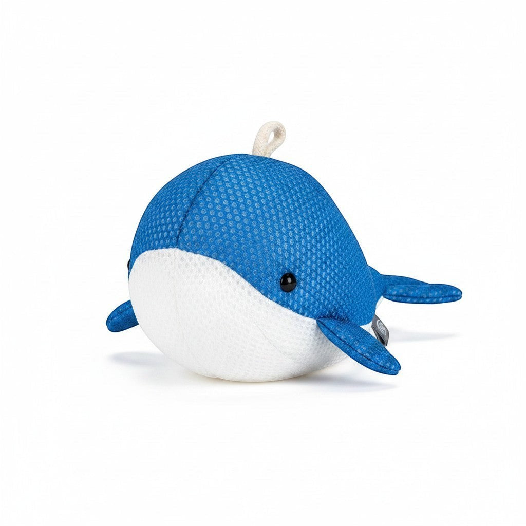Mellow Monkey Blue Whale Bath Time Plush, a soft, blue and white textured whale toy with a loop for drying, perfect for bath time or pool play.