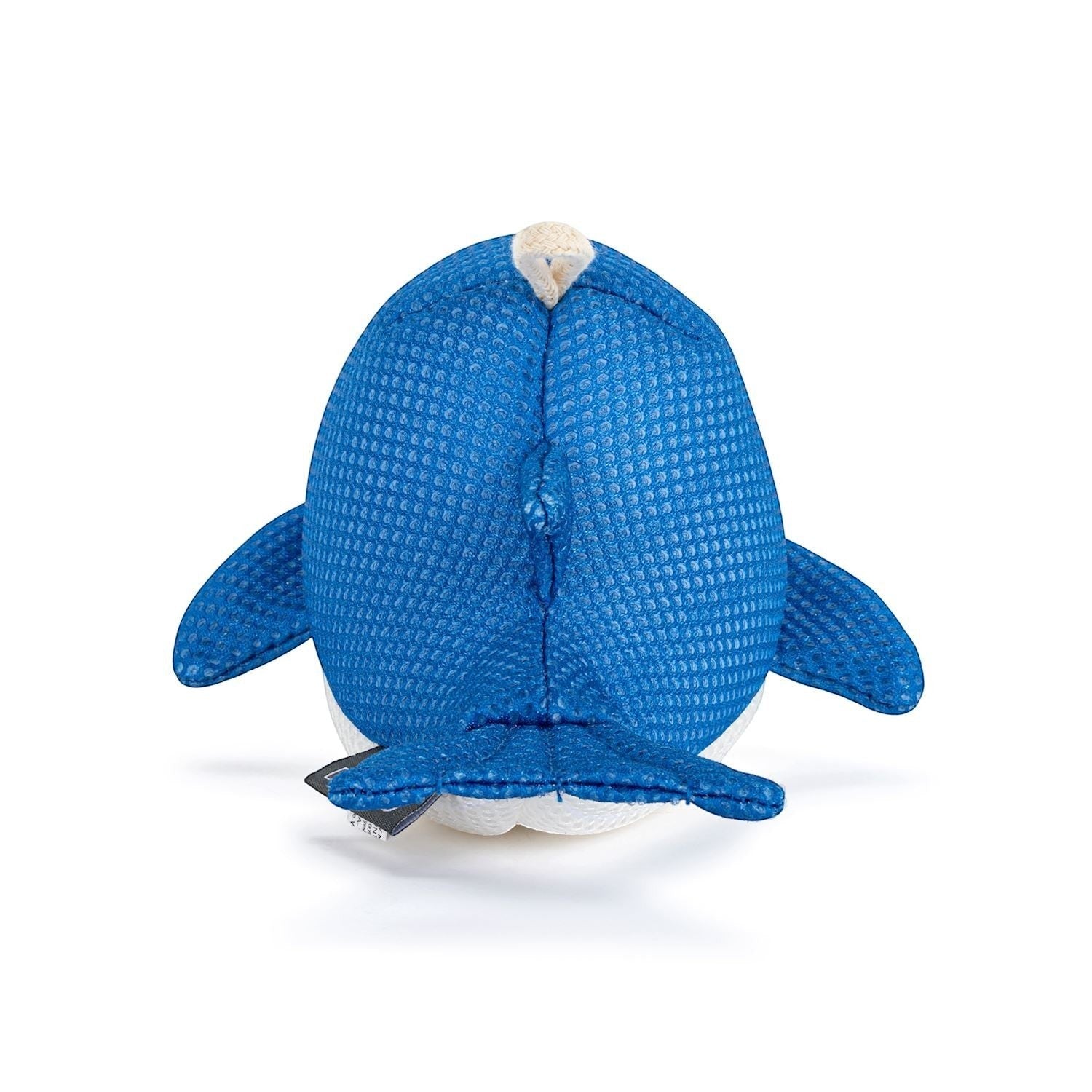 Mellow Monkey Blue Whale Bathtime Plush, a 6-inch soft toy with a textured blue exterior and white underside, featuring fins and a tail.