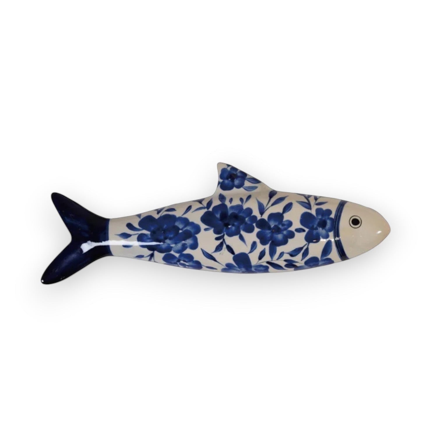 Mellow Monkey hand-painted blue and white floral stoneware fish wall decor