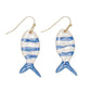 Mellow Monkey fish earrings featuring blue and white striped enamel on gold-tone hooks for a coastal style.