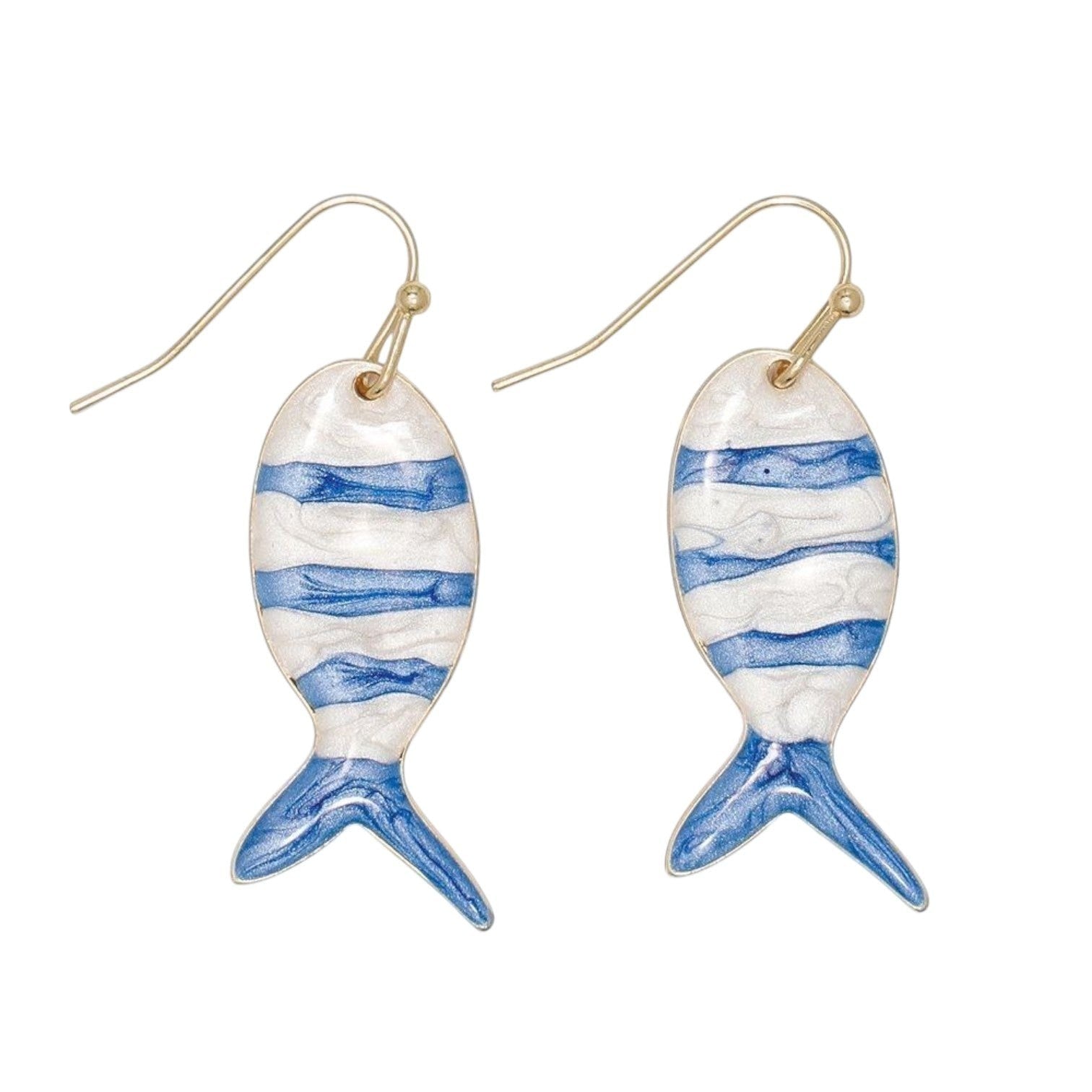 Mellow Monkey fish earrings featuring blue and white striped enamel on gold-tone hooks for a coastal style.