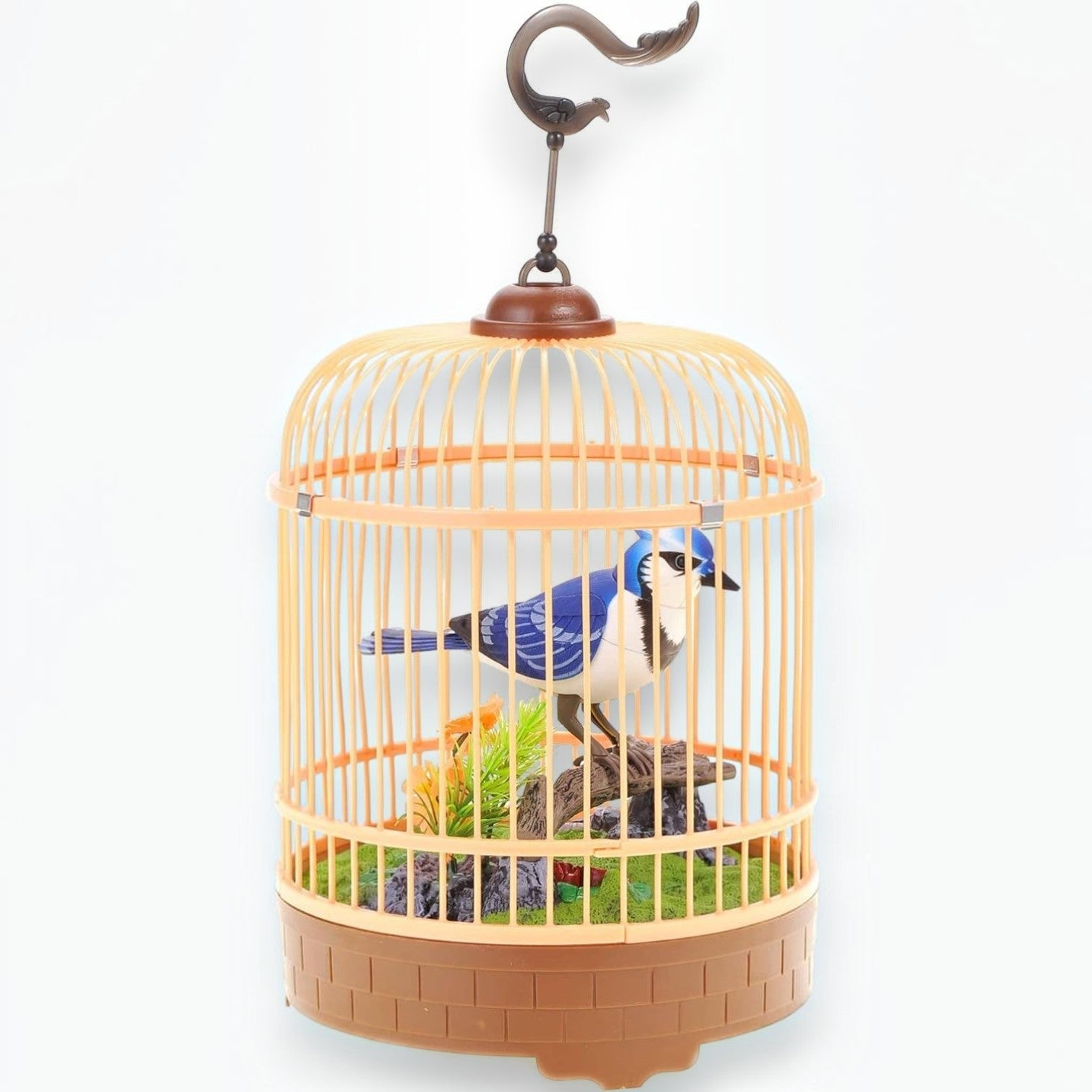 Mellow Monkey motion-activated blue and white singing bird in a hanging cage with realistic perch and greenery