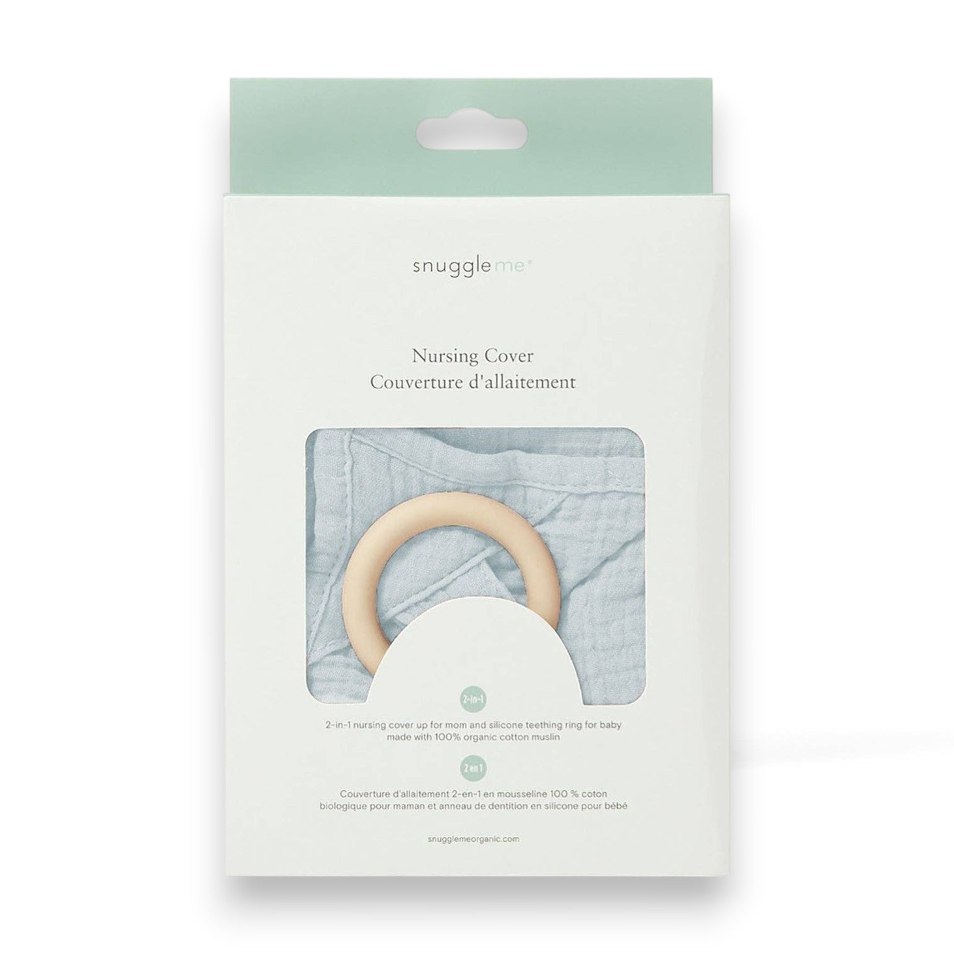 Mellow Monkey Snuggle Me Bluebell nursing cover in organic cotton muslin with a built-in silicone teether ring.