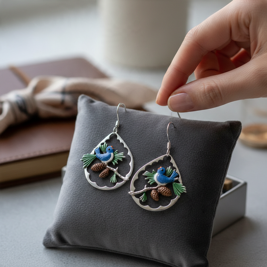 Mellow Monkey Silver Forest bluebird and acorn teardrop earrings with enamel details held on a grey velvet cushion