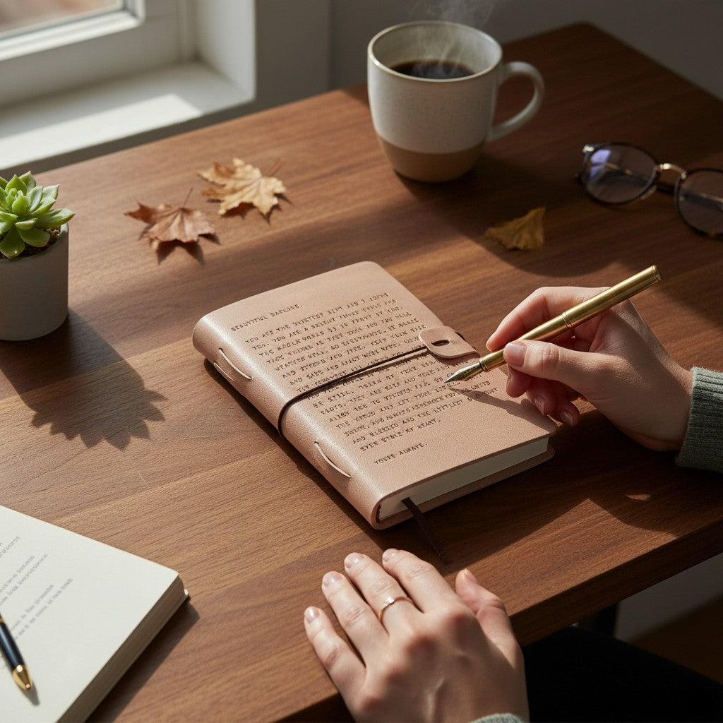 Mellow Monkey Beautiful Darling blush leather artisan journal with unlined pages and a wrap-around closure.