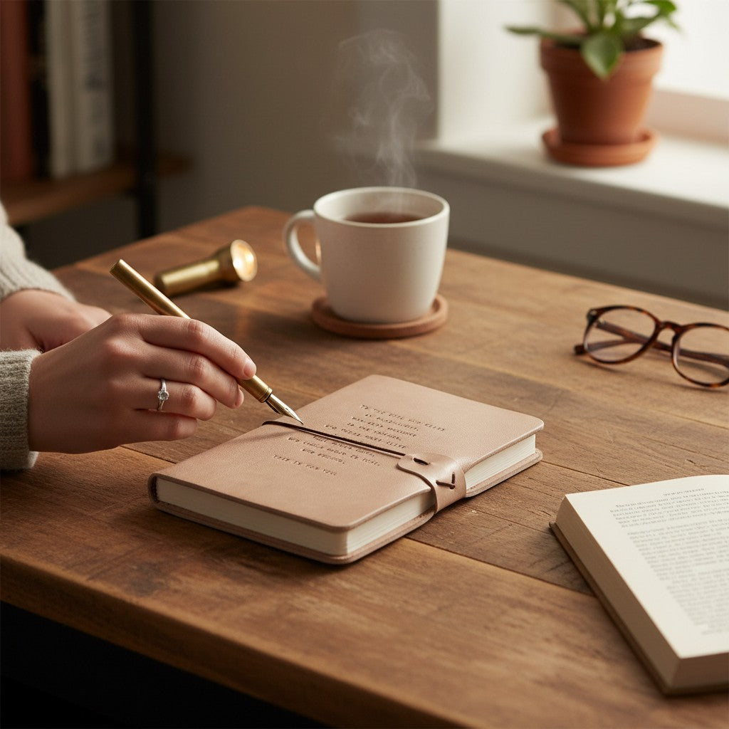 Mellow Monkey blush leather artisan journal with engraved text 'To The Girl Who Reads' and a button closure.