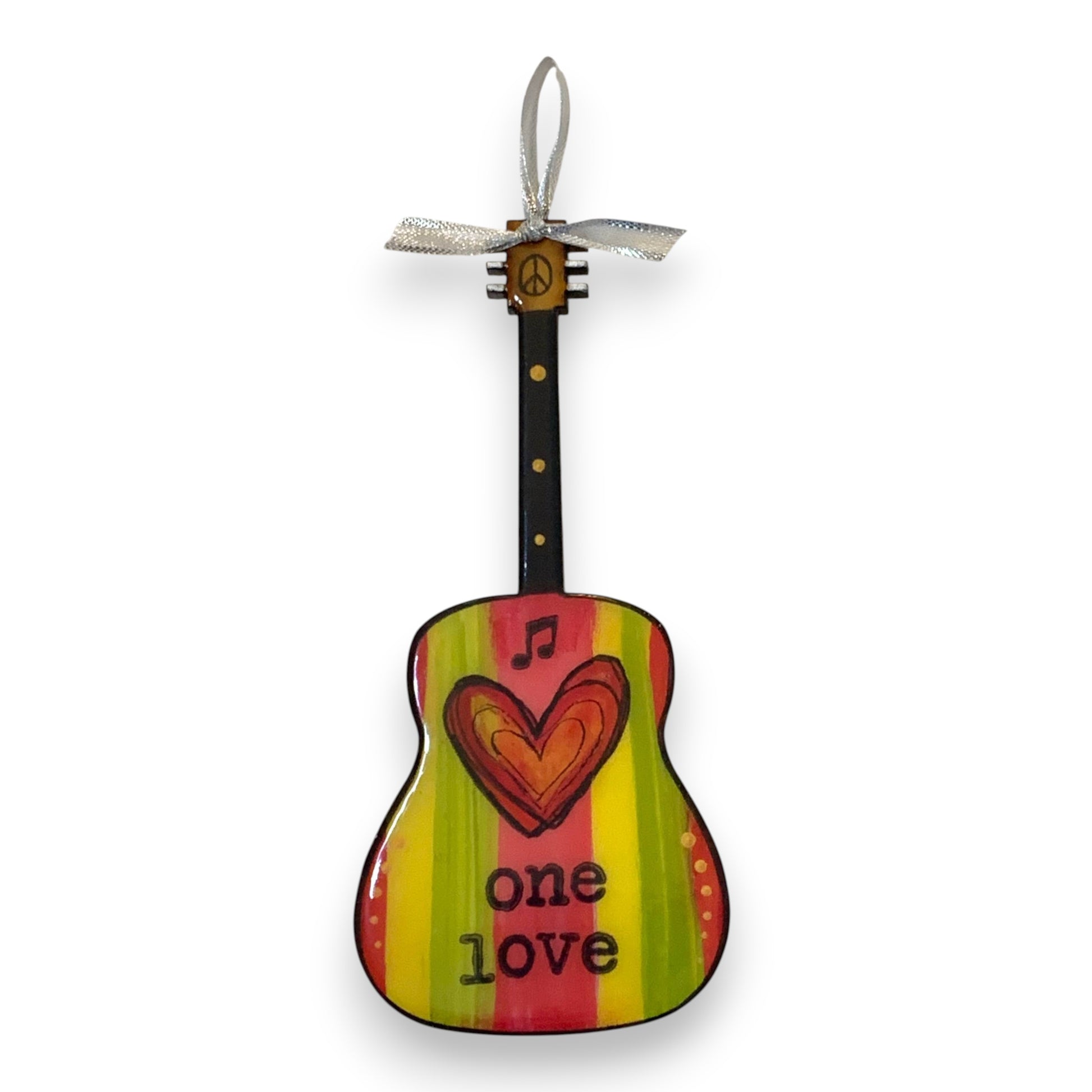 Mellow Monkey hand-painted wooden guitar ornament with One Love text, heart design, and reggae-inspired stripes.