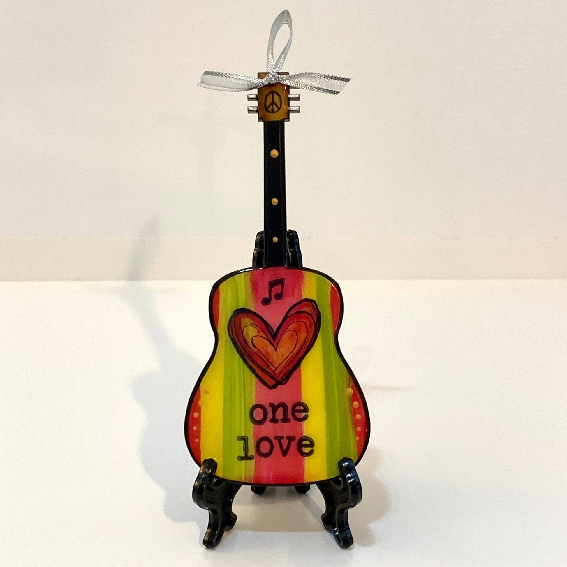 Mellow Monkey Bob Marley One Love guitar ornament with hand-painted Rasta stripes, heart design, and mini display easel.