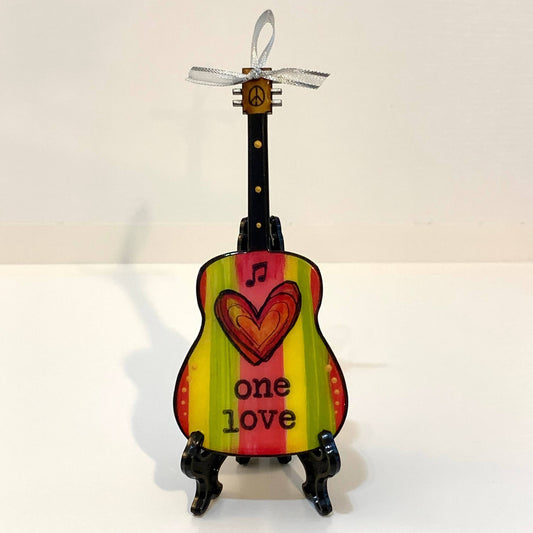 Mellow Monkey Bob Marley One Love guitar ornament with hand-painted Rasta stripes, heart design, and mini display easel.