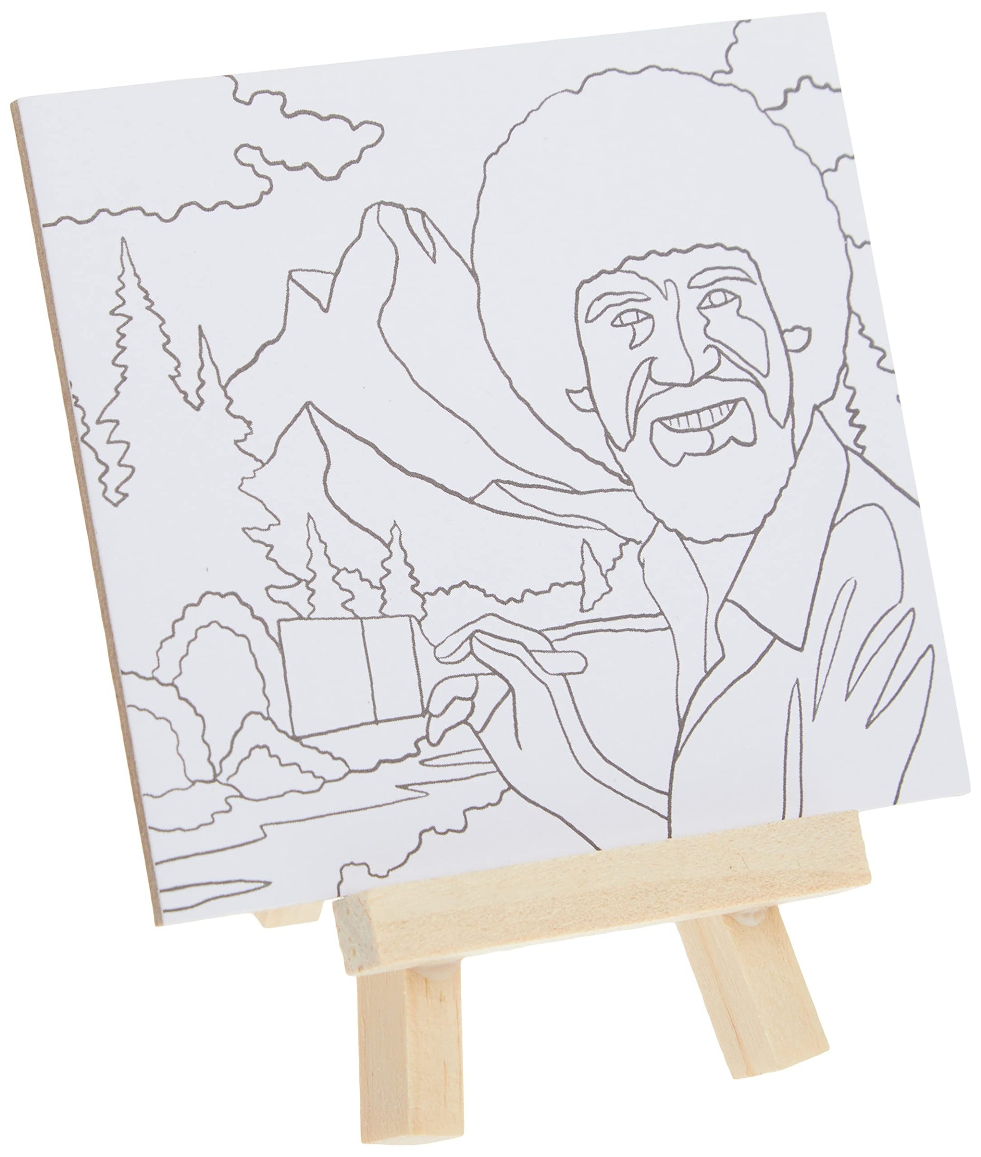 Mellow Monkey Bob Ross mini paint by numbers canvas featuring a portrait of Bob Ross on a small wooden easel