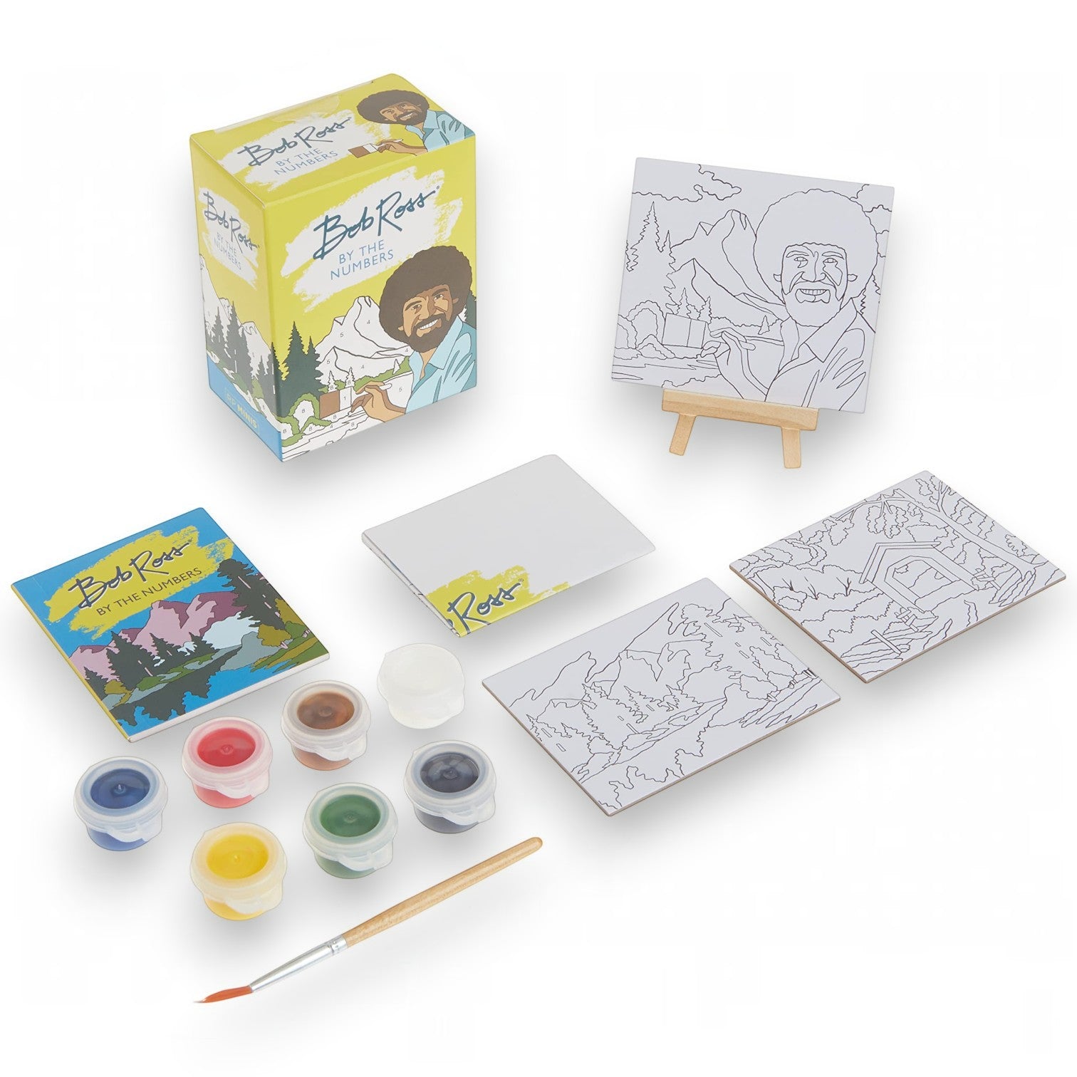 Mellow Monkey Bob Ross paint by numbers mini kit with three canvases, seven paint pots, brush, easel, and guidebook.