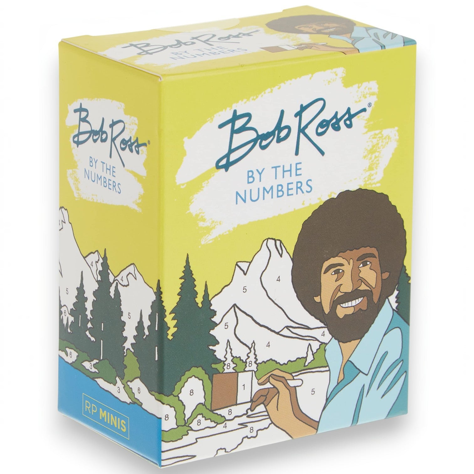 Mellow Monkey Bob Ross Paint By Numbers mini kit box featuring a cartoon illustration of Bob Ross and a landscape.