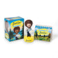 Mellow Monkey Bob Ross talking bobblehead kit with a mini easel book of landscape paintings and display box.