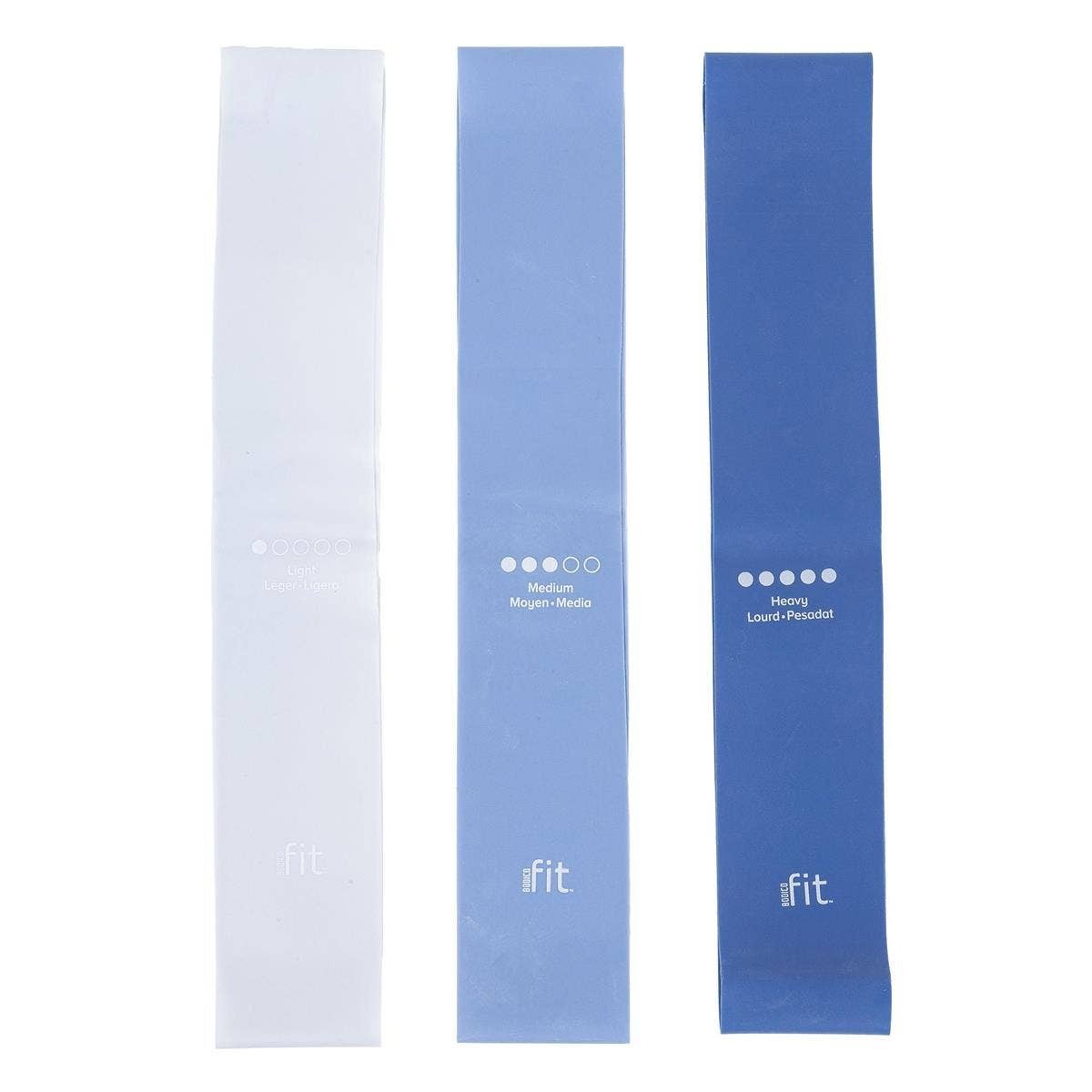 Mellow Monkey Bodico 3pk mini resistance bands in light, medium, and heavy resistance levels. White, light blue, and dark blue bands for fitness.