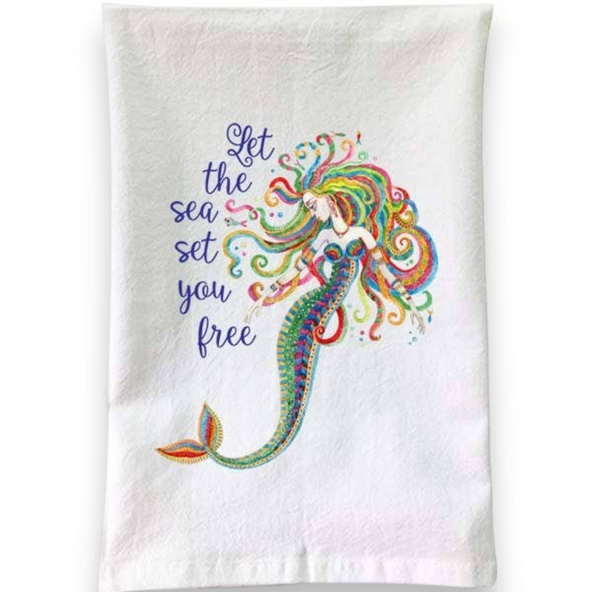 Mellow Monkey white cotton flour sack towel featuring a colorful boho mermaid illustration and inspirational text.