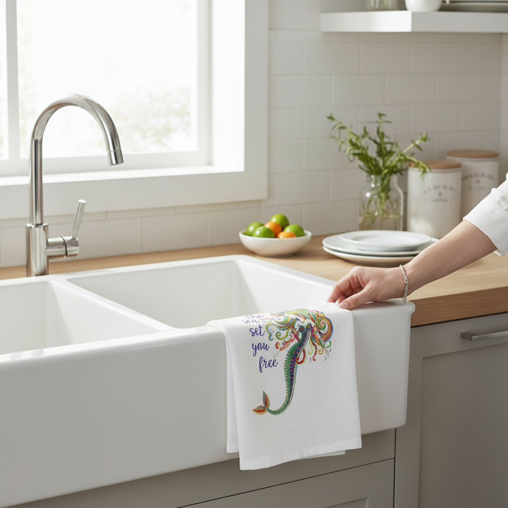Mellow Monkey white cotton flour sack towel with a colorful boho mermaid illustration hanging on a farmhouse sink.