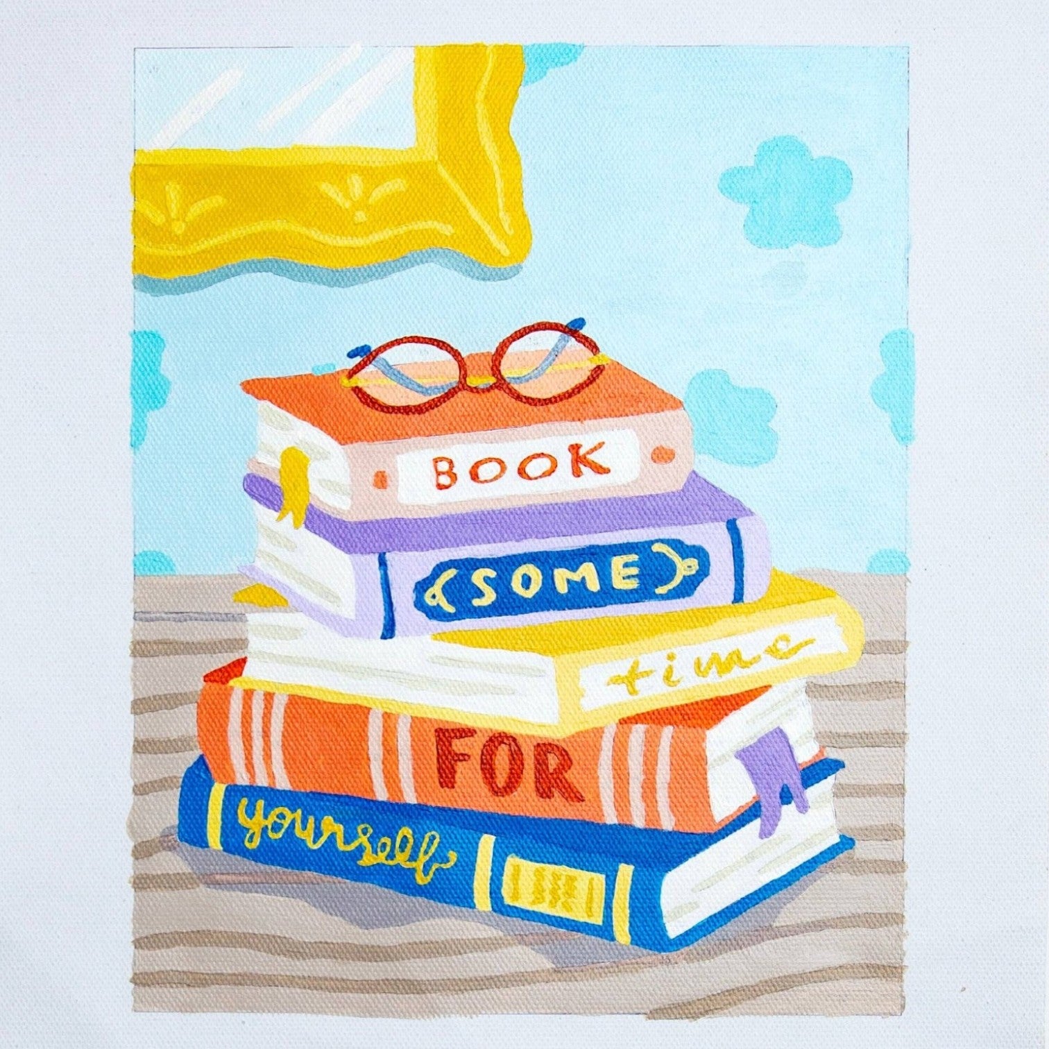 Mellow Monkey paint by number kit featuring a colorful stack of books with reading glasses on a light blue background