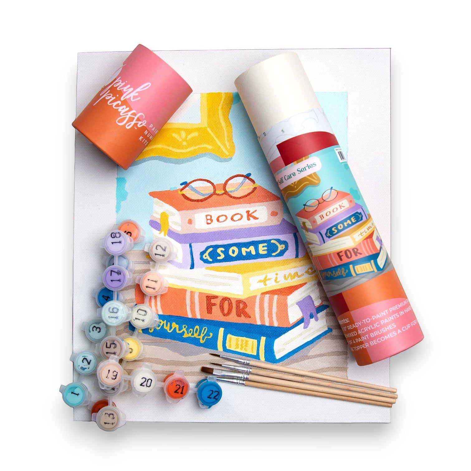 Mellow Monkey Book Some Time paint by number kit with pre-numbered canvas, acrylic paints, and brushes.