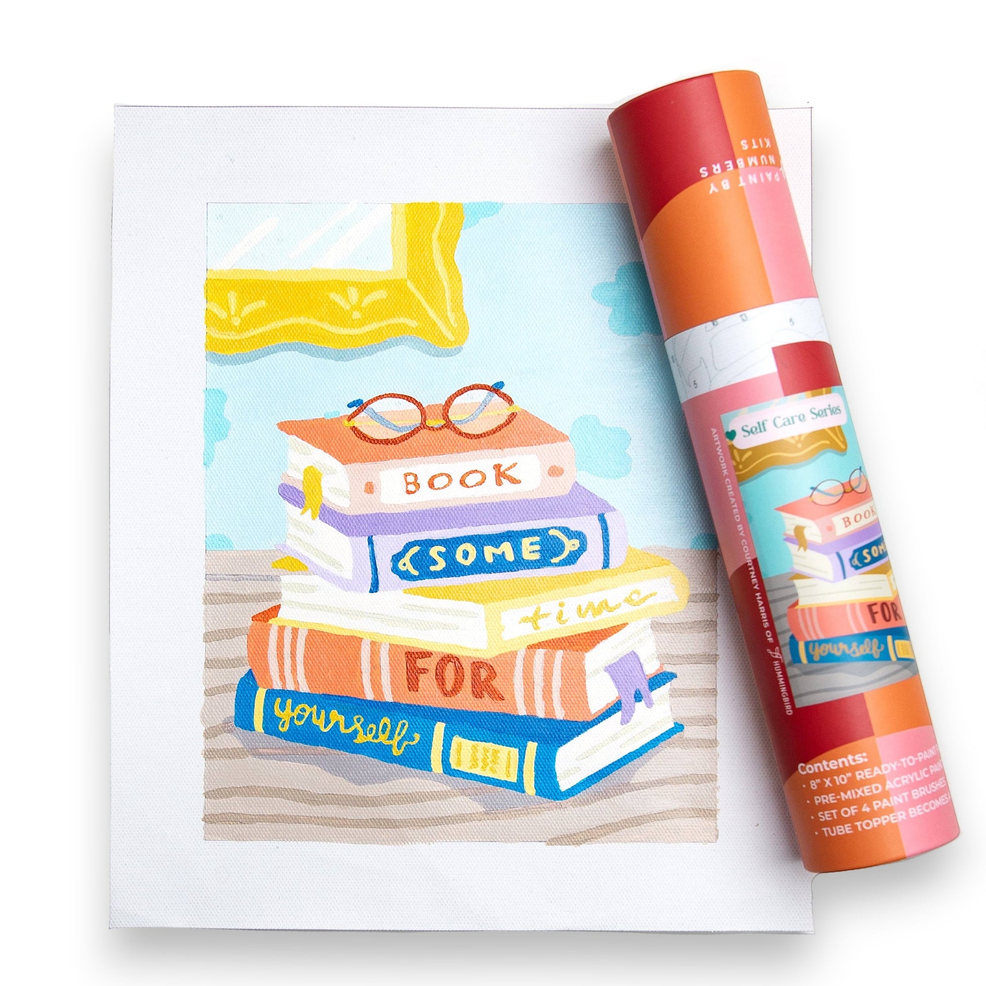 Mellow Monkey Book Some Time paint by number kit with a pre-printed canvas of a book stack and matching paint tube.