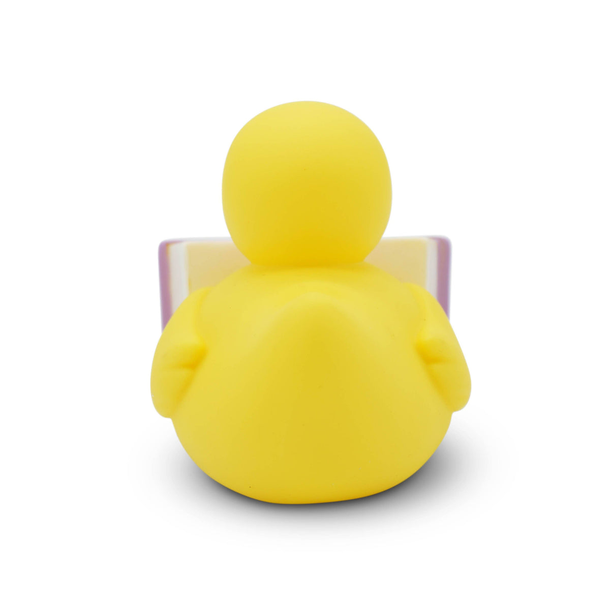 Mellow Monkey yellow rubber duck reading a romance novel, viewed from behind, perfect for book lovers.