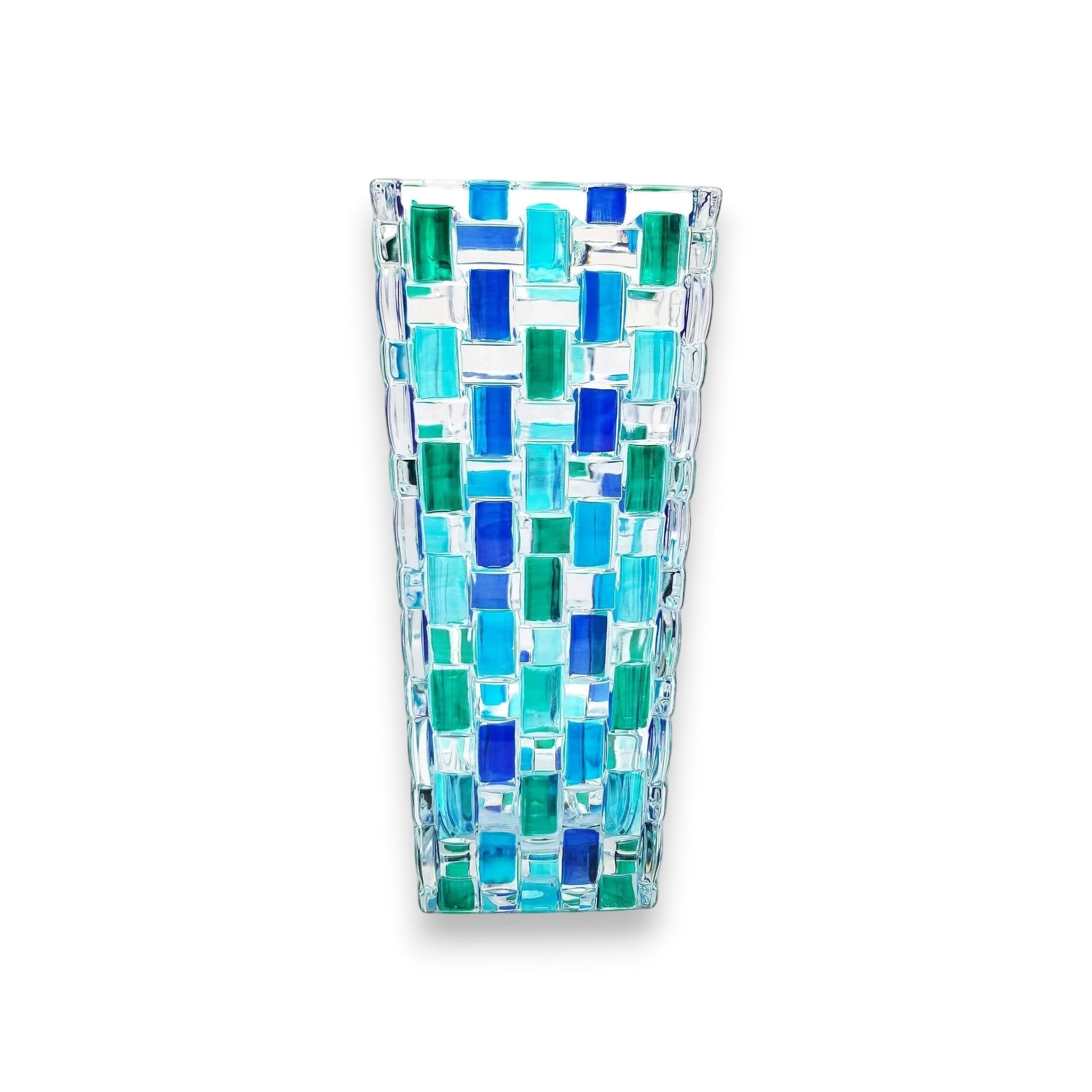 Mellow Monkey Bossanova Aqua Venetian Crystal Vase - 8" hand-painted with blue and green mosaic pattern.