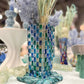 Mellow Monkey Bossanova Aqua Venetian Crystal Vase, 8" hand-painted mosaic glass with blue and green squares.