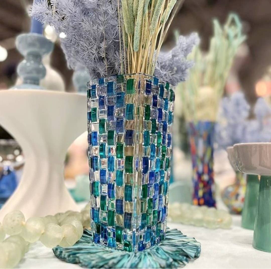 Mellow Monkey Bossanova Aqua Venetian Crystal Vase, 8" hand-painted mosaic glass with blue and green squares.