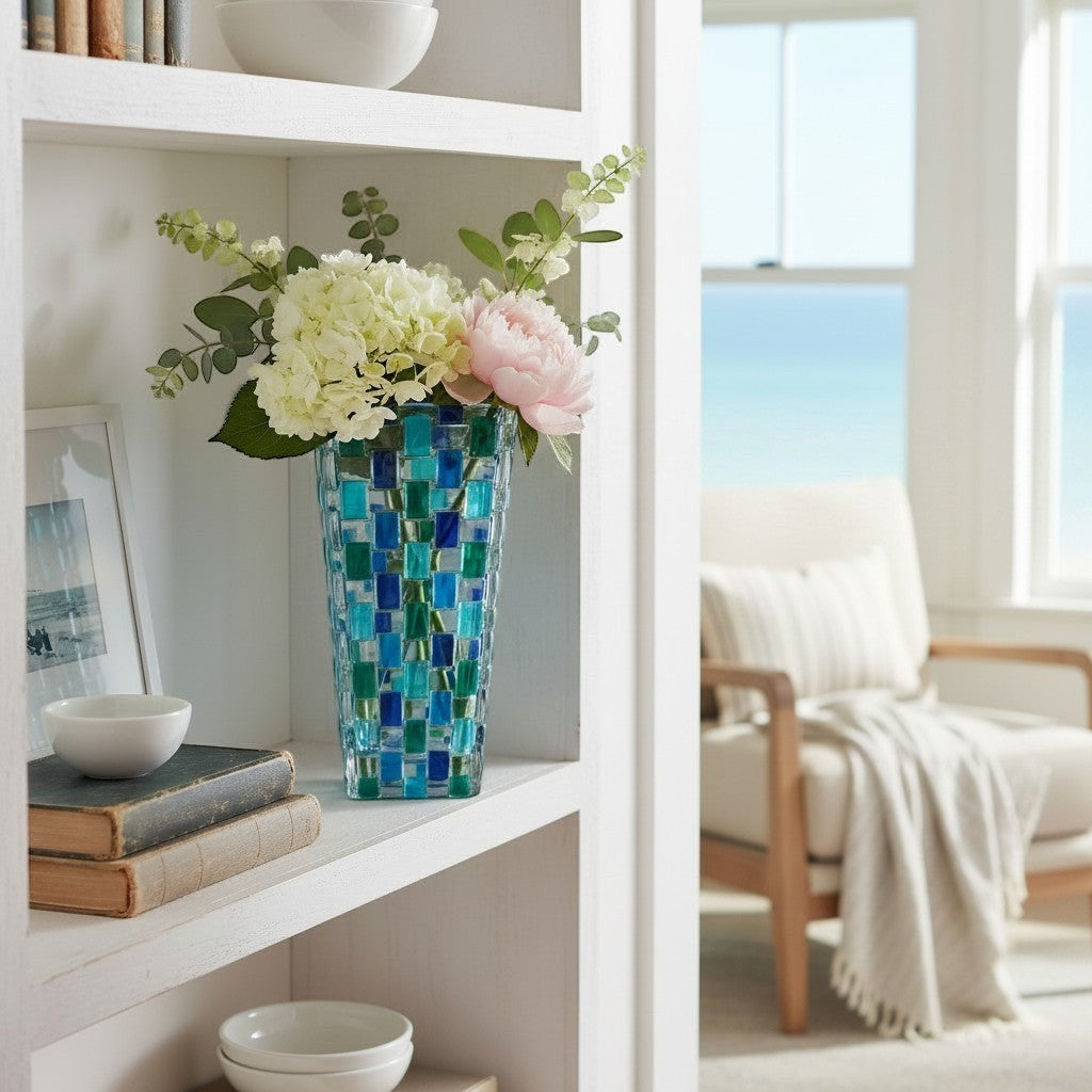 Mellow Monkey Bossanova Aqua Venetian Crystal Vase - 8" hand-painted mosaic glass with blue and green squares.