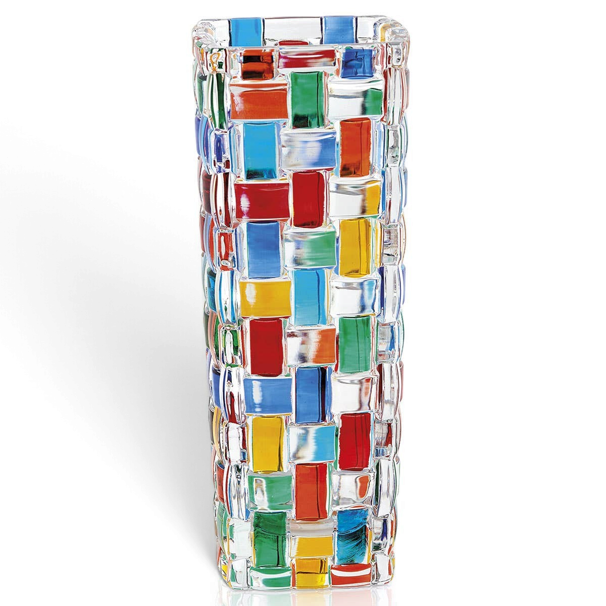 Mellow Monkey Bossanova 6-inch Venetian crystal bud vase featuring a colorful handpainted woven glass pattern.