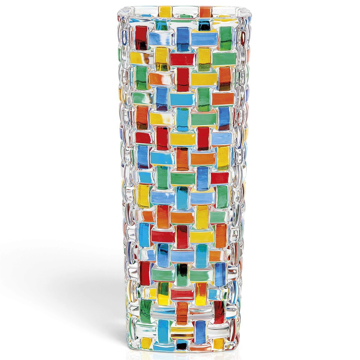 Mellow Monkey Bossanova 8-inch Venetian crystal bud vase featuring a colorful handpainted woven glass pattern.