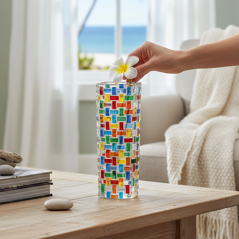 Mellow Monkey 8-inch Bossanova Venetian glass bud vase with a colorful handpainted mosaic pattern on a wooden table.