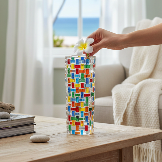 Mellow Monkey 8-inch Bossanova Venetian glass bud vase with a colorful handpainted mosaic pattern on a wooden table.