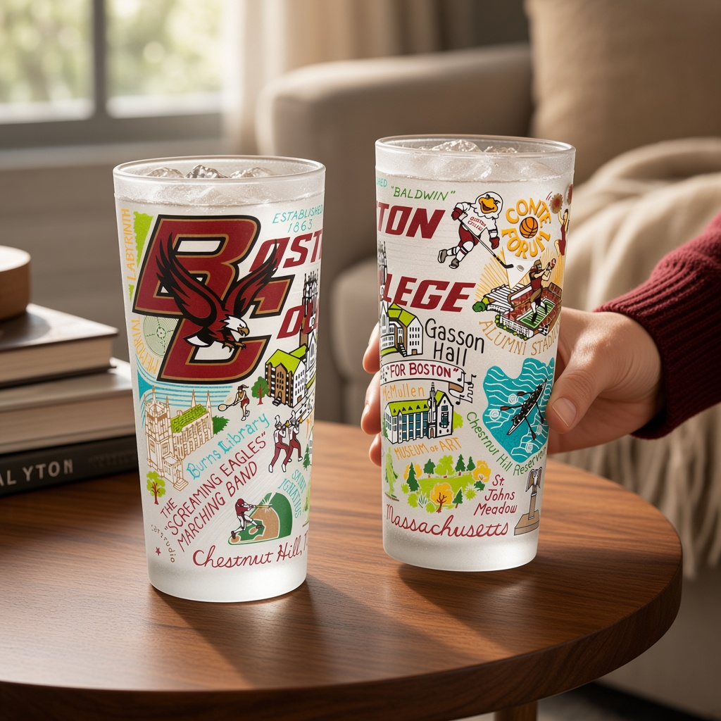 Mellow Monkey Boston College 15-oz drinking glasses featuring vibrant hand-applied collegiate artwork and landmarks.