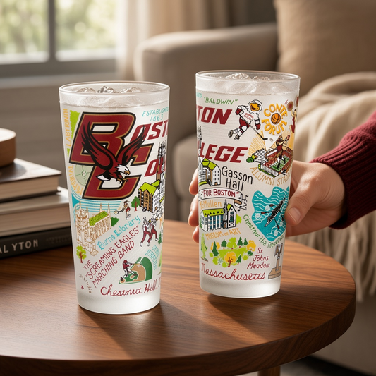 Mellow Monkey Boston College 15-oz drinking glasses featuring vibrant hand-applied collegiate artwork and landmarks.