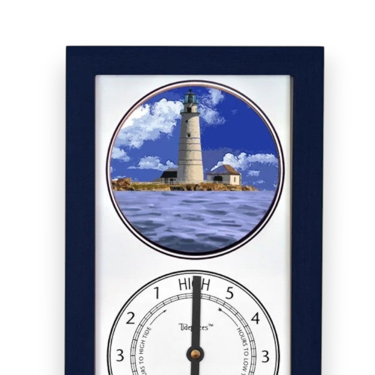 Mellow Monkey navy blue wood tide clock featuring Boston Light and a dual-faced dial showing tide times.