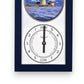 Mellow Monkey navy blue wood tide clock featuring Boston Light image and dual dial showing hours to high and low tide.