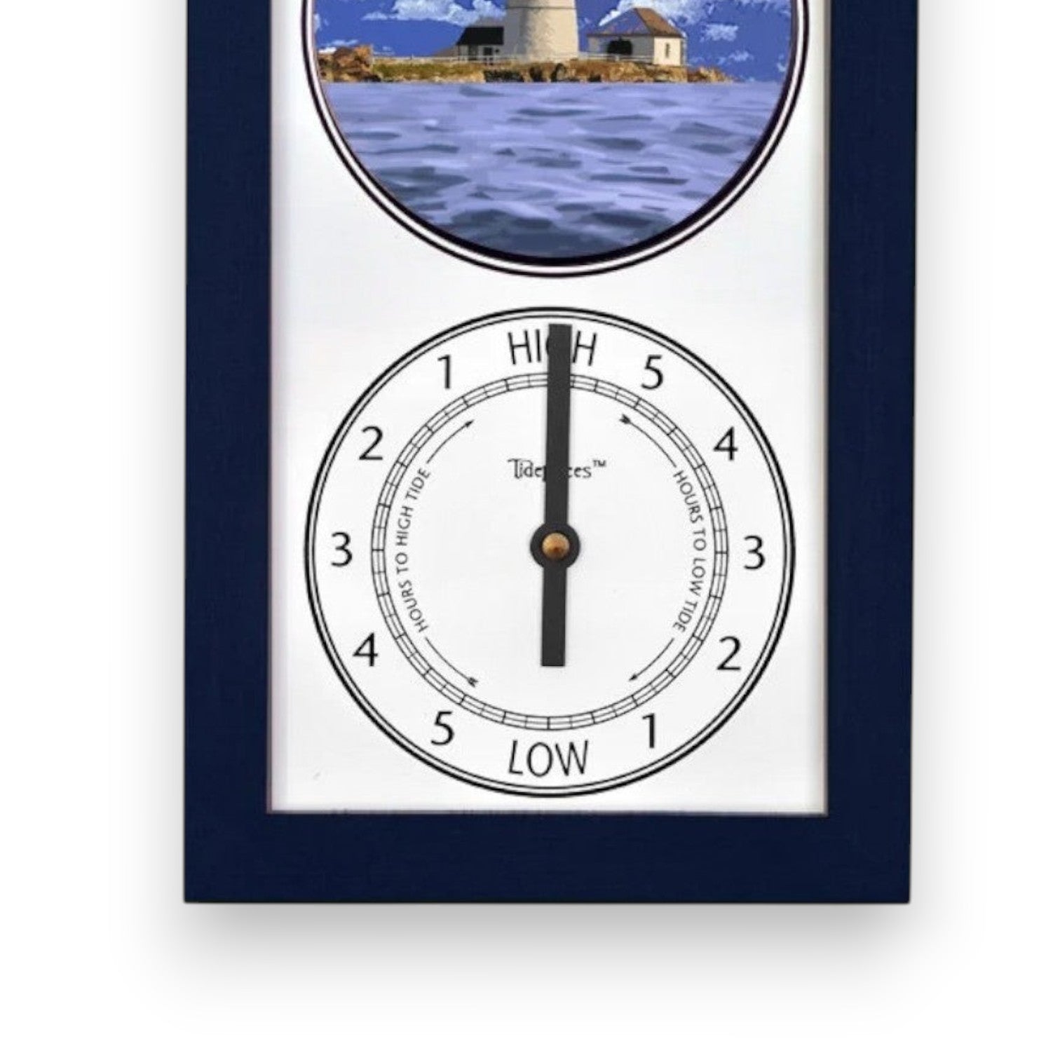 Mellow Monkey navy blue wood tide clock featuring Boston Light image and dual dial showing hours to high and low tide.