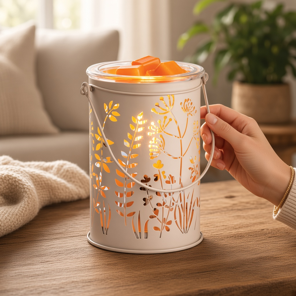 Mellow Monkey Botanical Glow fragrance warmer with cream metal floral cutouts and glowing wax melt on wooden table