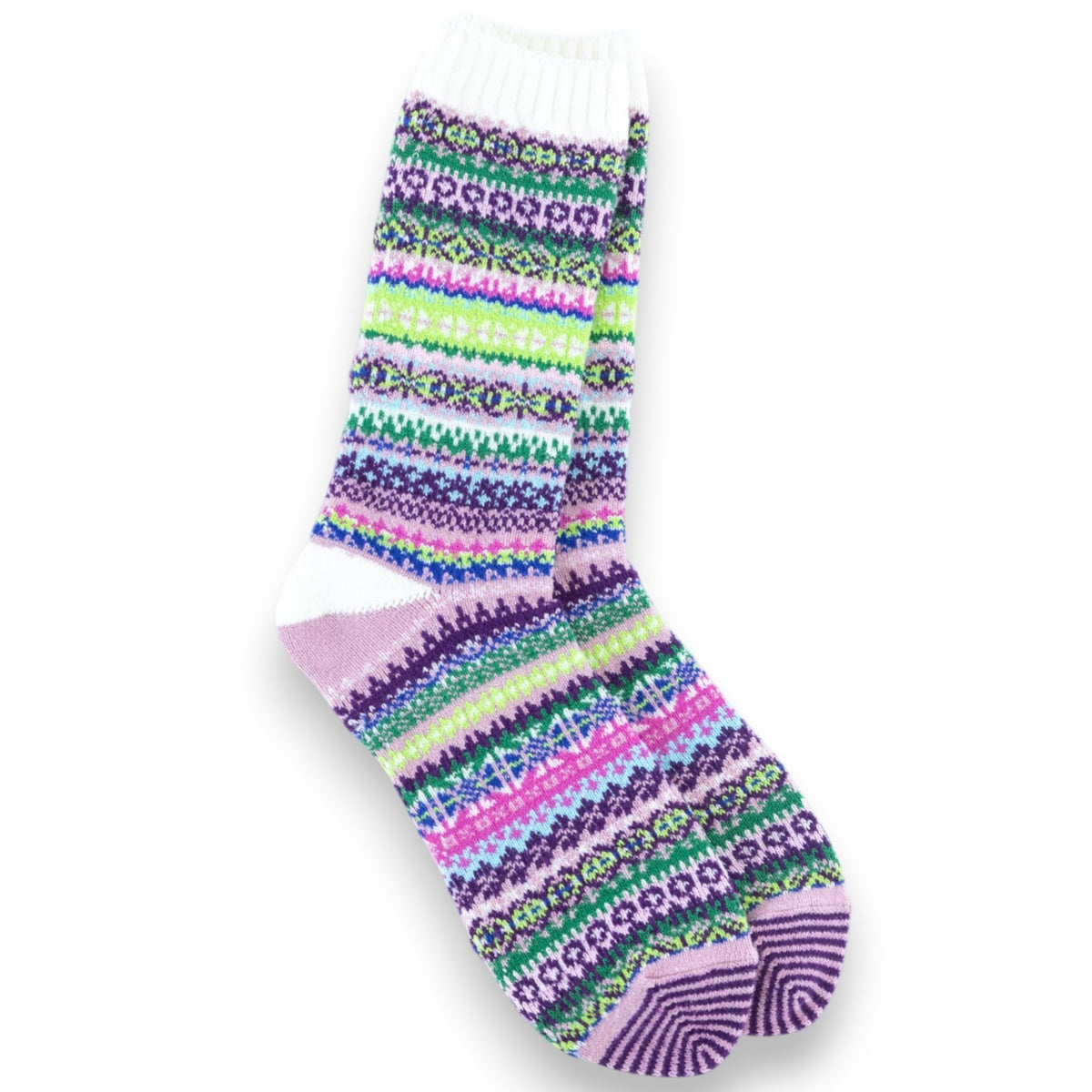 Mellow Monkey Nordic crew socks featuring a vibrant botanical fair isle pattern in purple, green, and white.