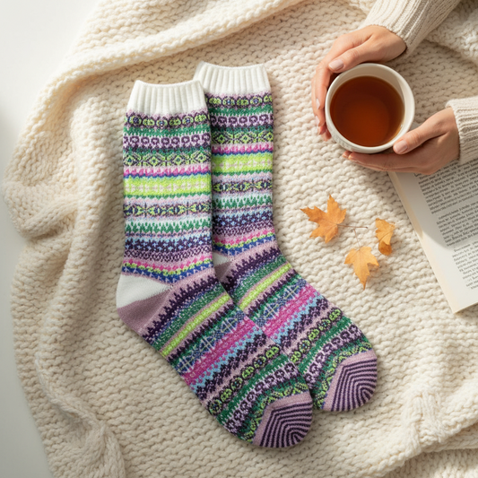 Mellow Monkey Nordic crew socks with a colorful botanical fair isle pattern on a cozy cream knit blanket with tea.