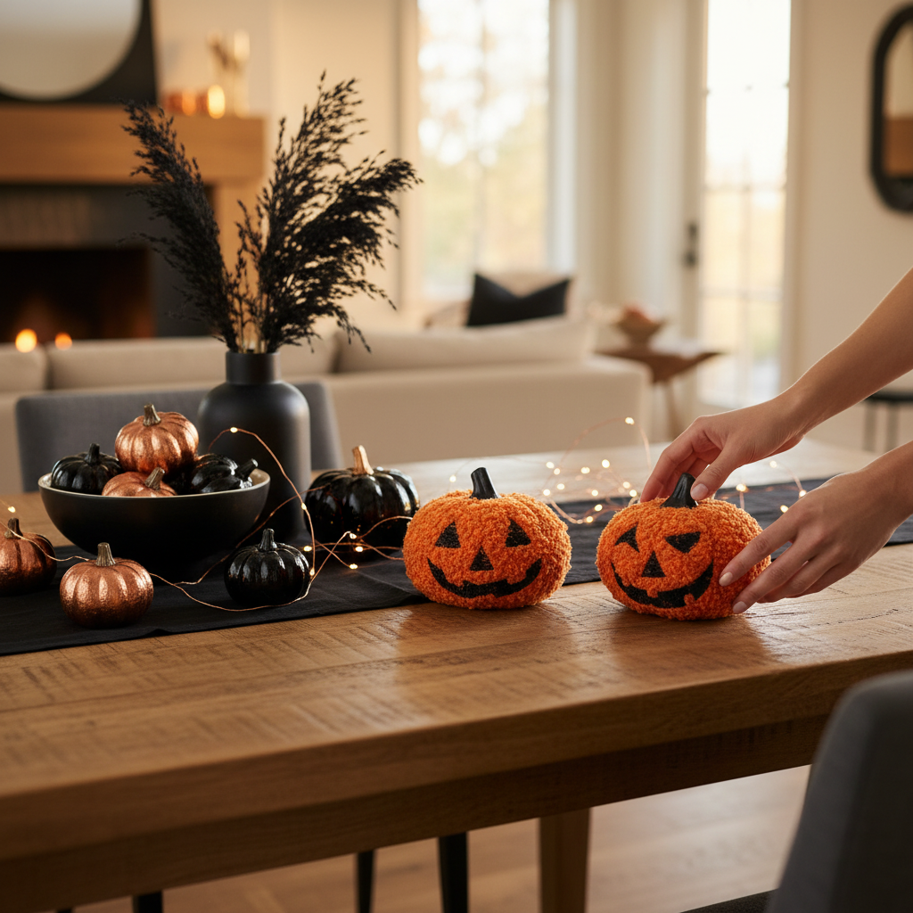 Mellow Monkey boucle fabric jack-o-lantern figurines in orange and black displayed on a rustic dining table