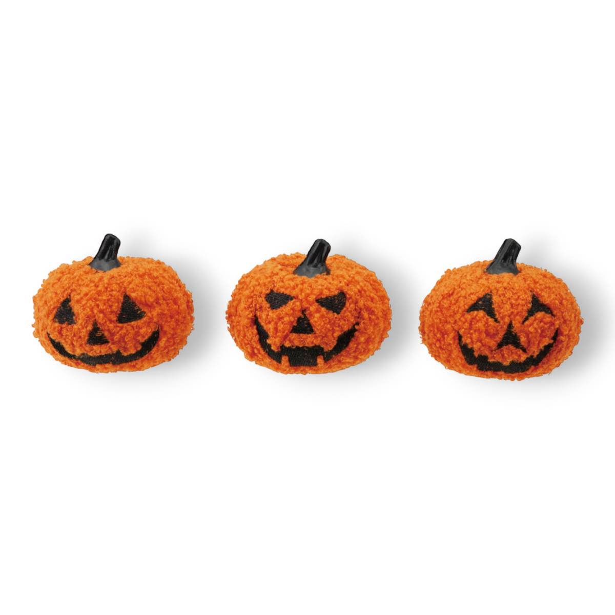 Mellow Monkey set of three orange boucle fabric jack-o-lantern figurines with black foam faces for autumn decor.